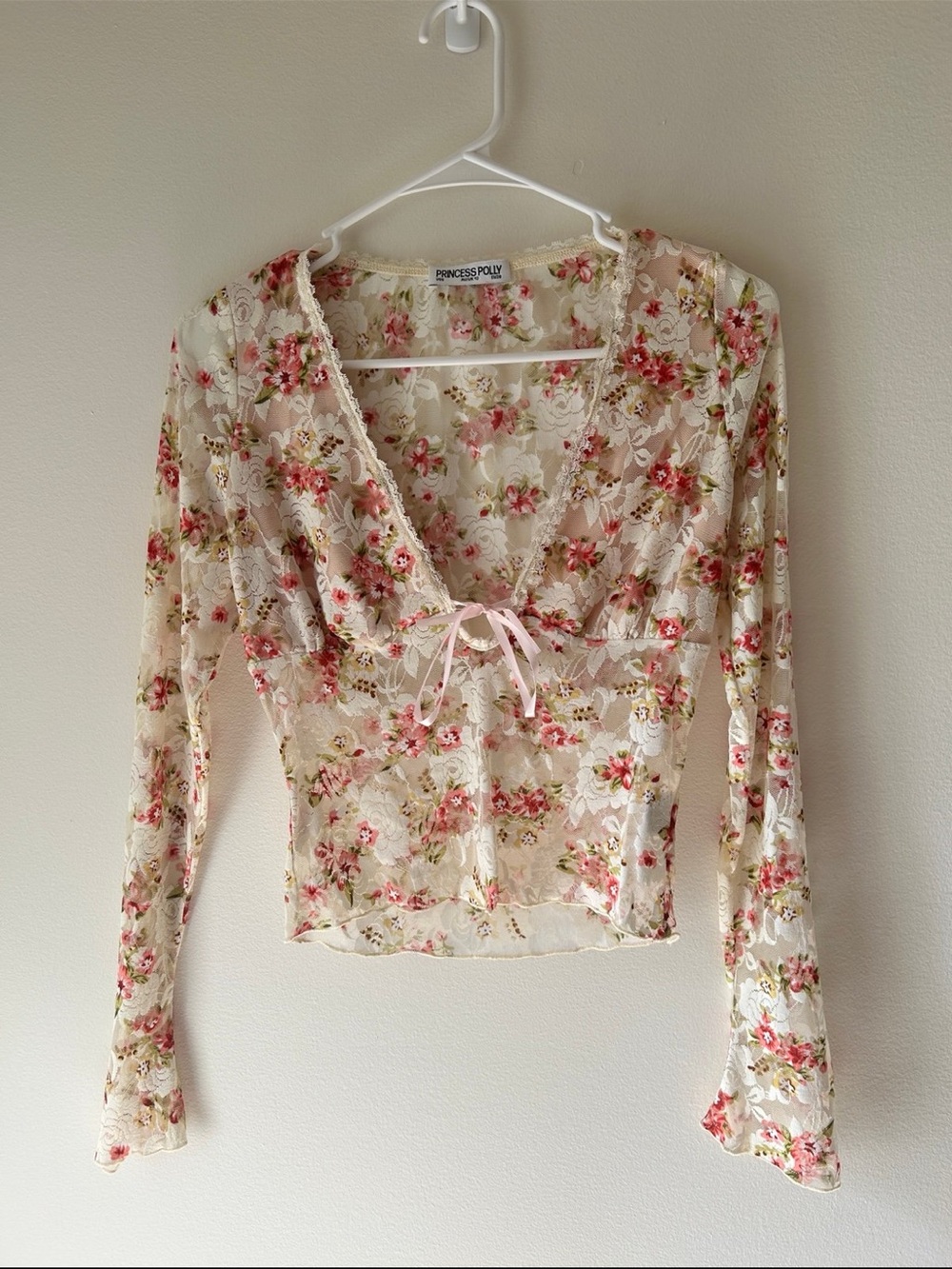 Princess Polly Cream Lace Floral Tie-Front Blouse